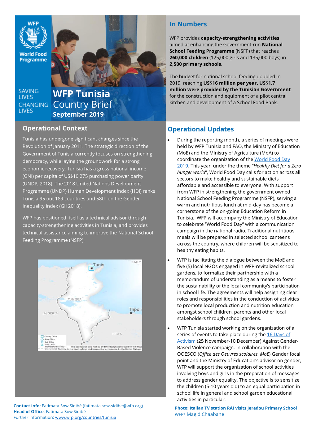 WFP Tunisia Country Brief Italian Agency for Development Cooperation (AICS)