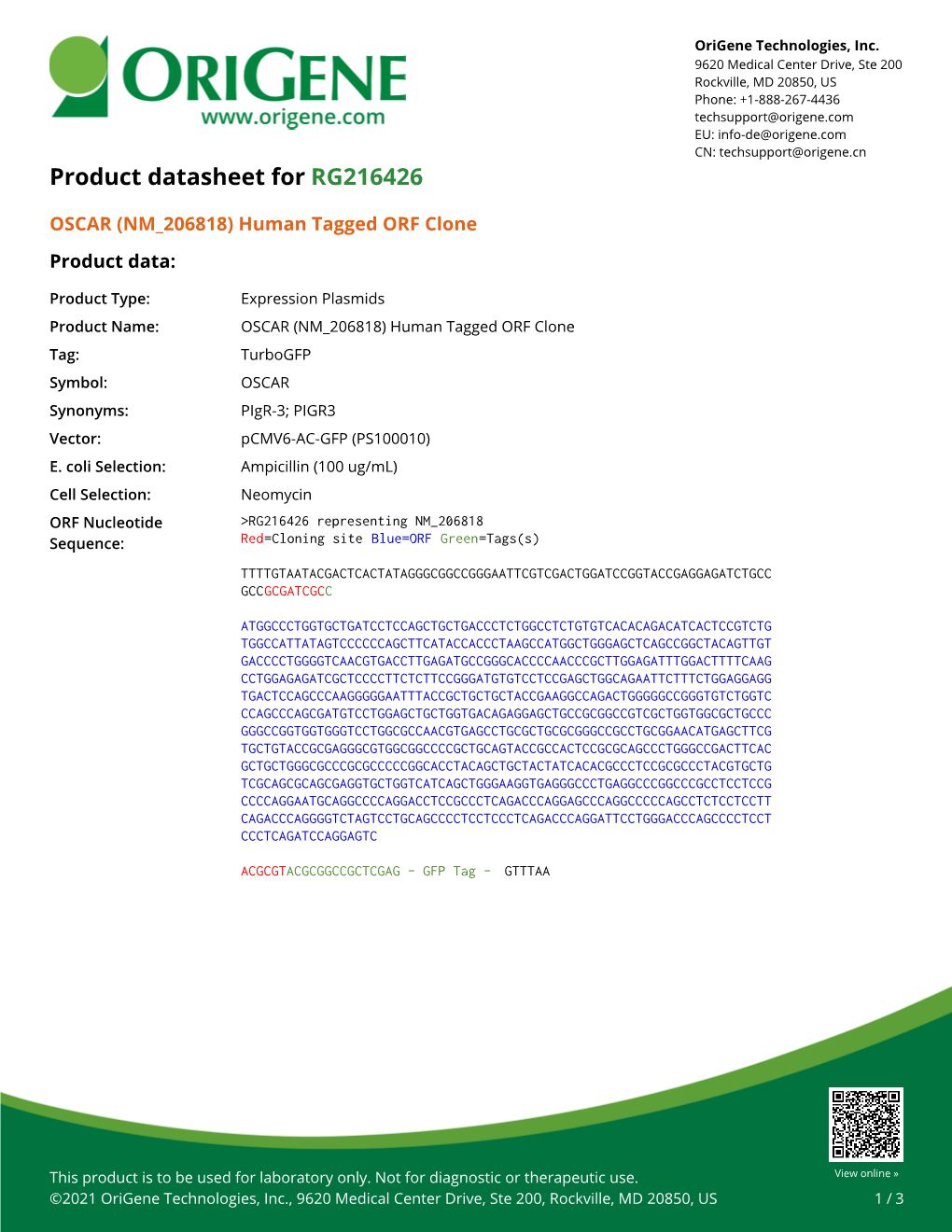 OSCAR (NM 206818) Human Tagged ORF Clone Product Data