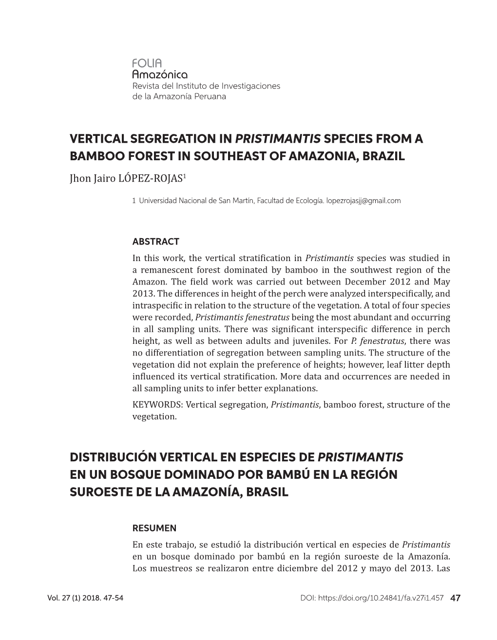 Vertical Segregation in Pristimantis Species from a Bamboo Forest in Southeast of Amazonia, Brazil