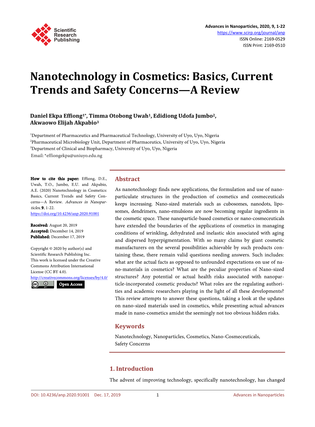 Nanotechnology in Cosmetics: Basics, Current Trends and Safety Concerns—A Review