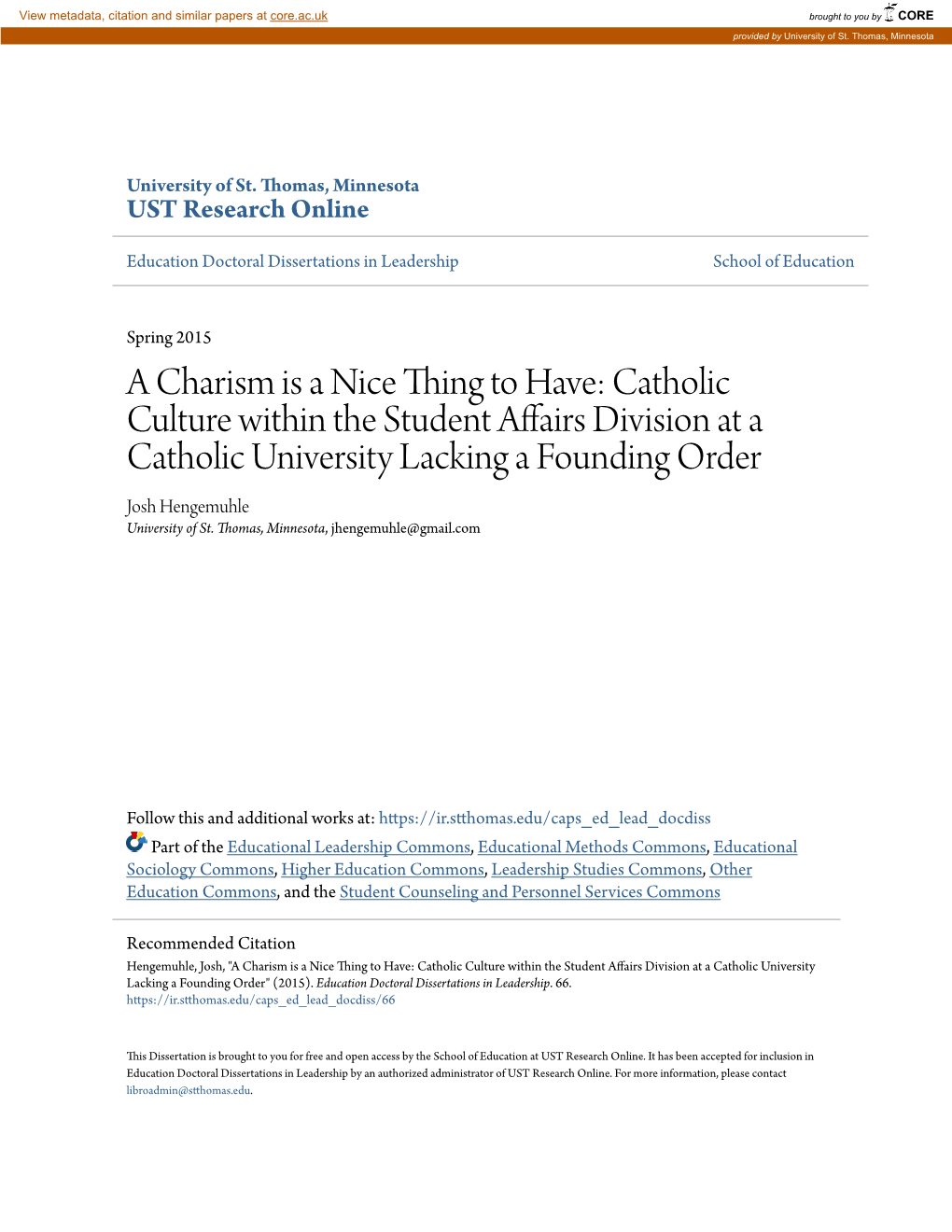 A Charism Is a Nice Thing to Have: Catholic Culture Within the Student