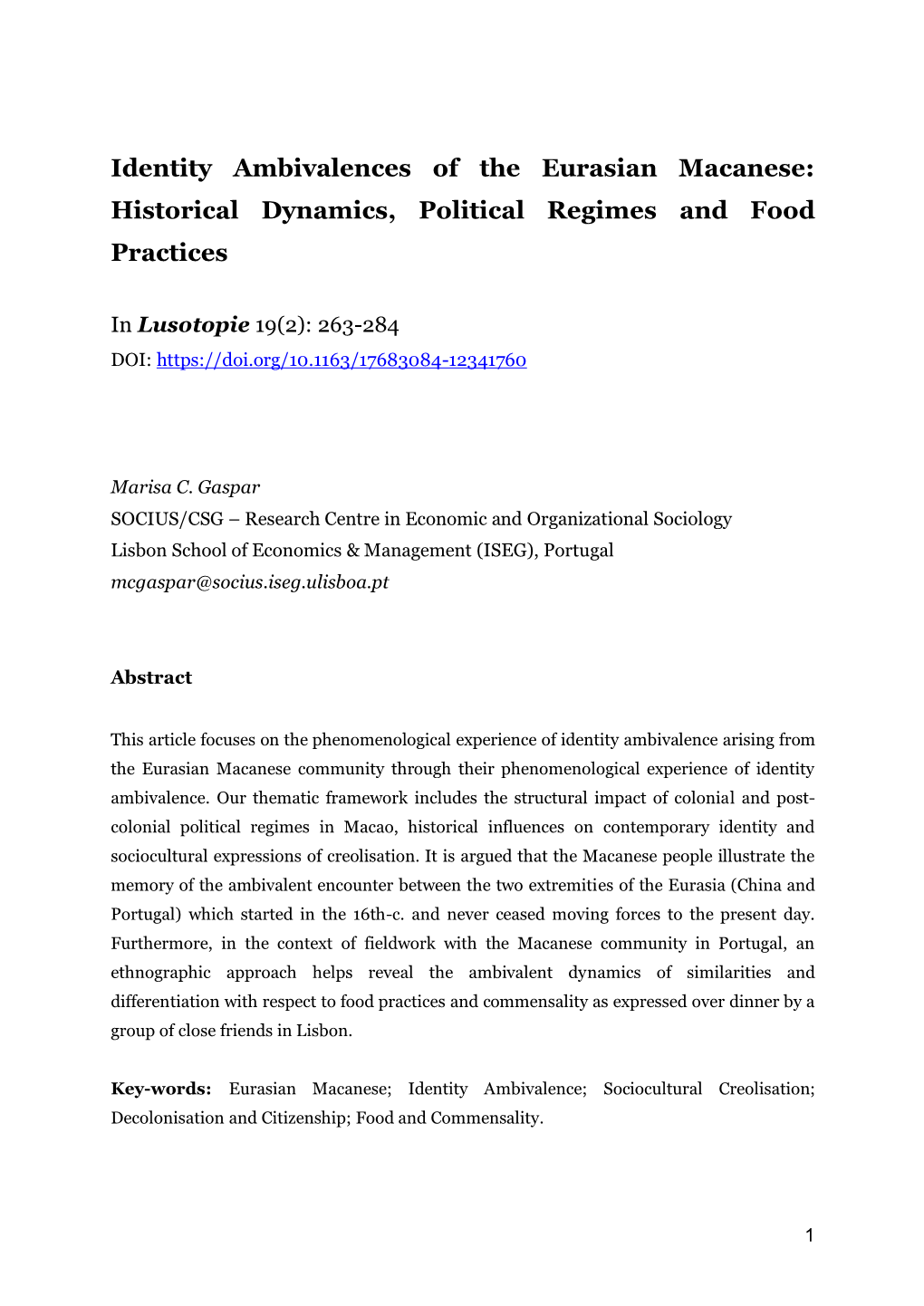 Identity Ambivalences of the Eurasian Macanese: Historical Dynamics, Political Regimes and Food Practices