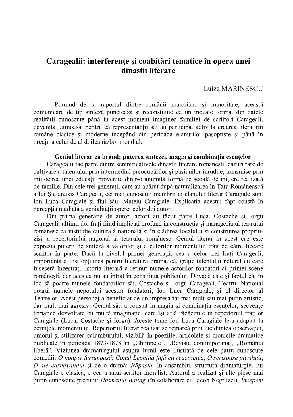 Caragealii: Interferenţe Şi Coabitări Tematice În Opera Unei Dinastii Literare