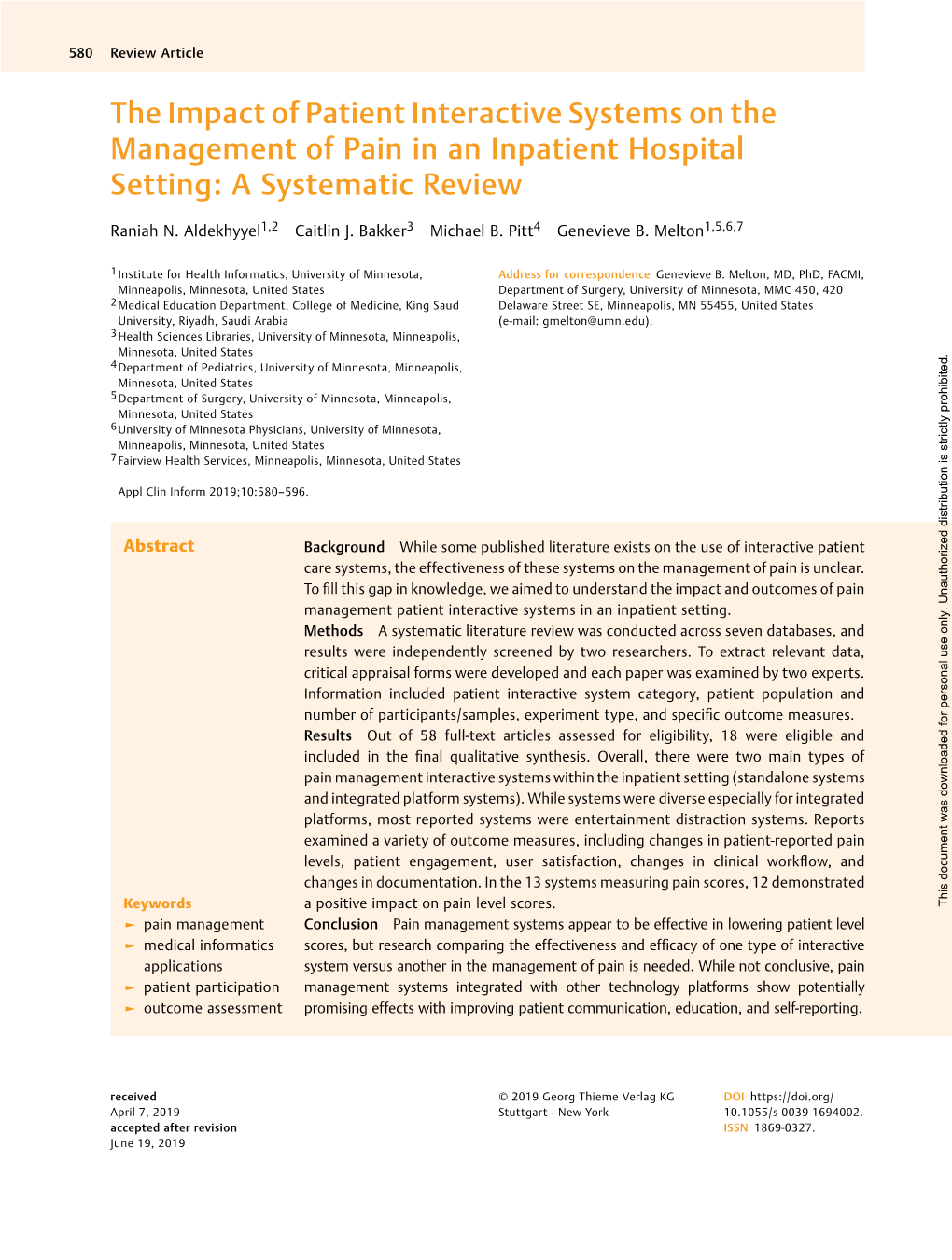 The Impact of Patient Interactive Systems on the Management of Pain in an Inpatient Hospital Setting: a Systematic Review