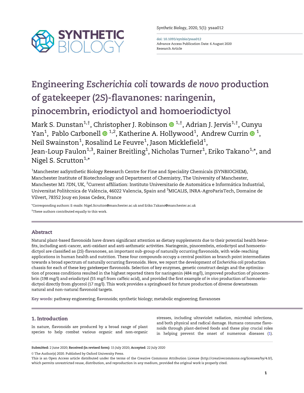 Engineering Escherichia Coli Towards De Novo Production of Gatekeeper (2S)-Flavanones: Naringenin, Pinocembrin, Eriodictyol and Homoeriodictyol Mark S