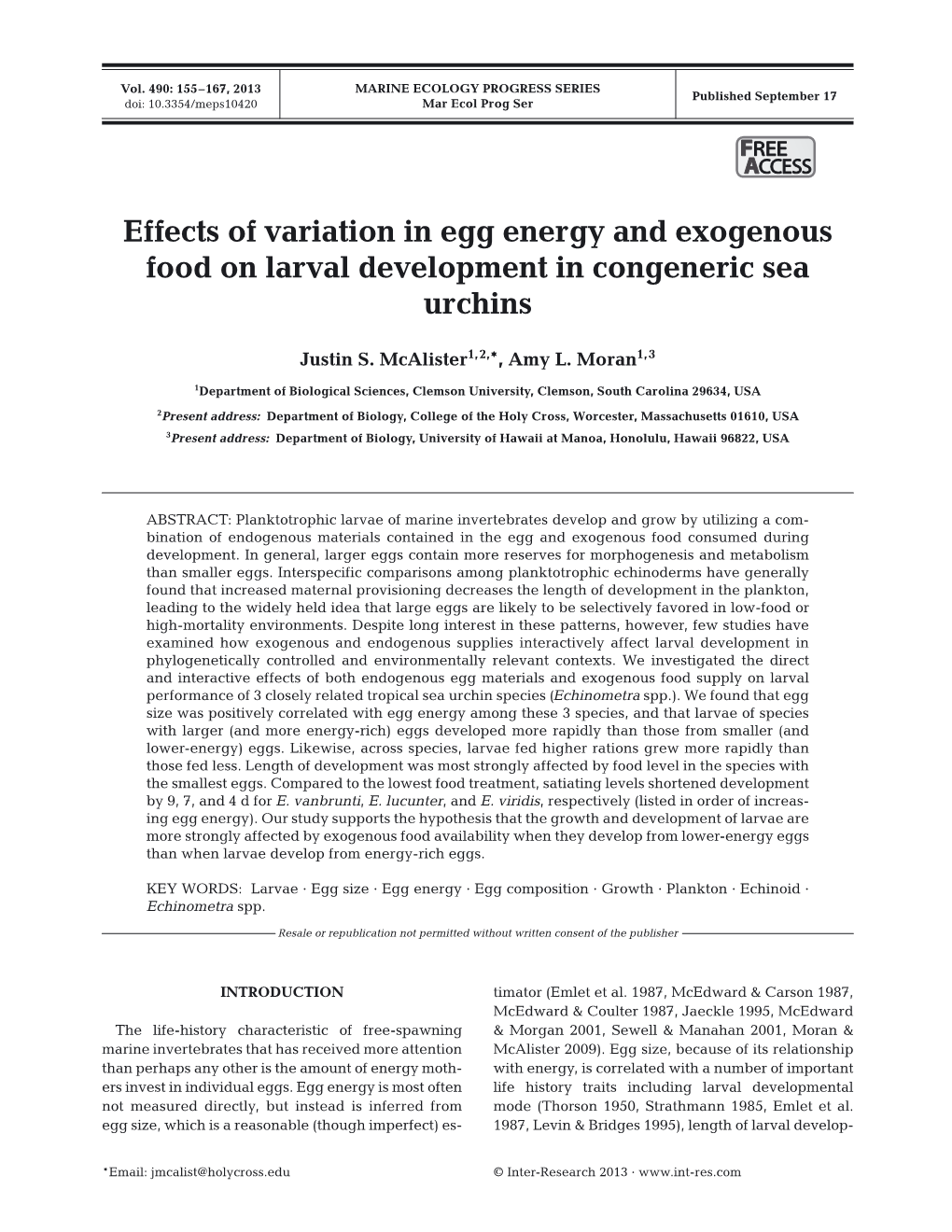 Effects of Variation in Egg Energy and Exogenous Food on Larval Development in Congeneric Sea Urchins