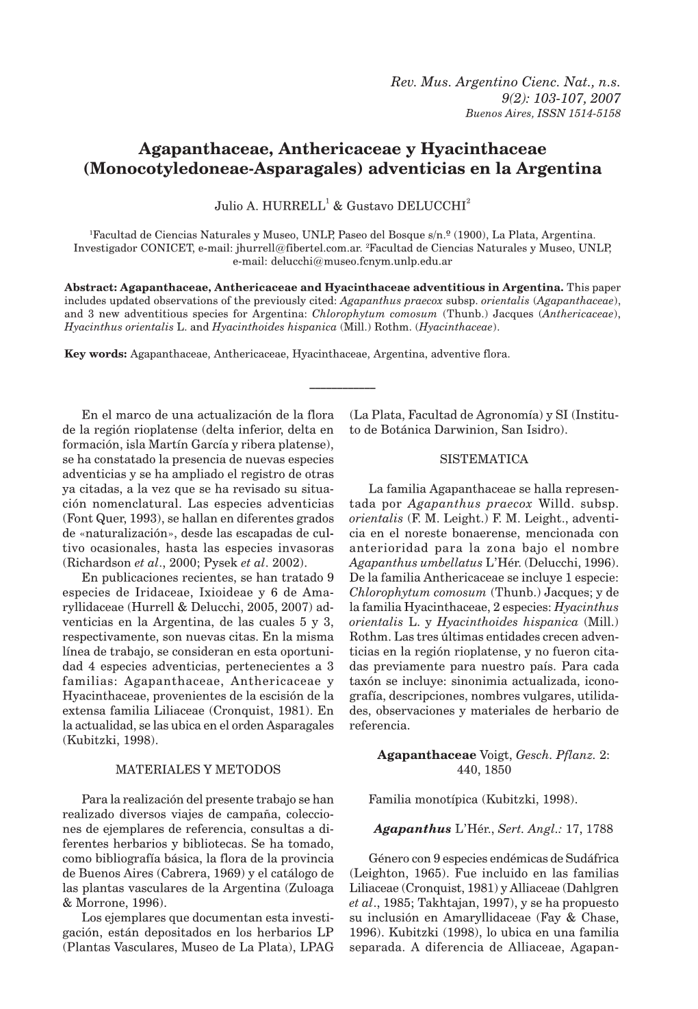 Agapanthaceae, Anthericaceae Y Hyacinthaceae (Monocotyledoneae-Asparagales) Adventicias En La Argentina