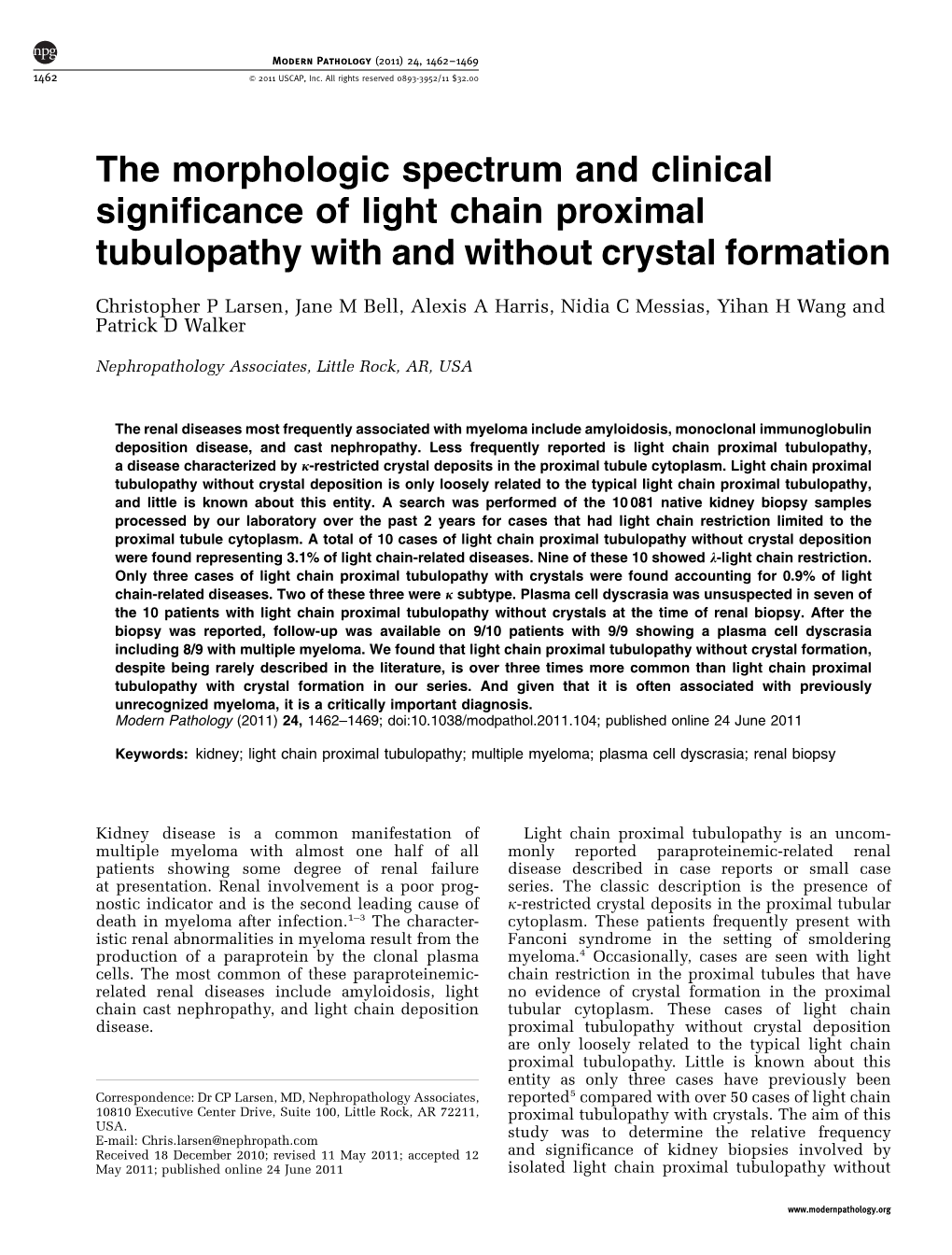The Morphologic Spectrum and Clinical Significance of Light Chain Proximal Tubulopathy with and Without Crystal Formation
