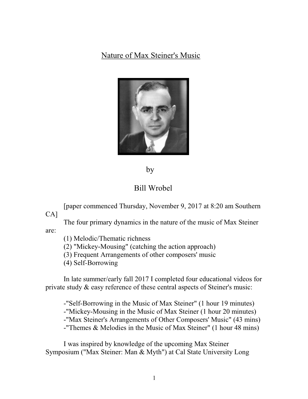 Nature of Max Steiner's Music by Bill Wrobel