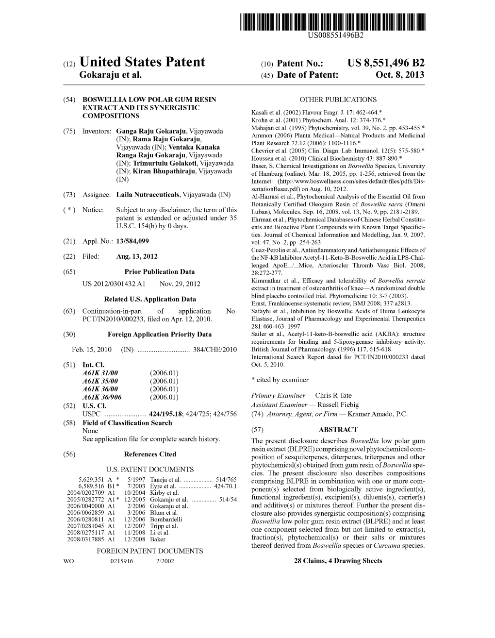 (12) United States Patent (10) Patent No.: US 8,551.496 B2 Gokaraju Et Al