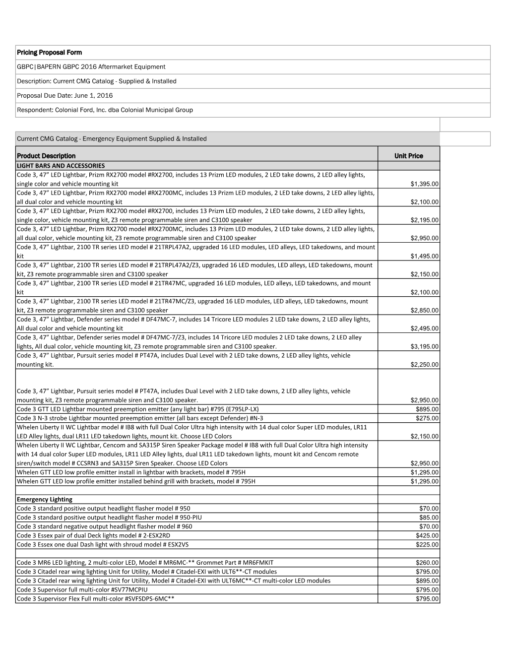 Product Description Unit Price LIGHT BARS and ACCESSORIES Code 3