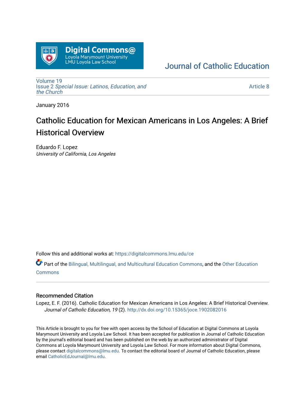 Catholic Education for Mexican Americans in Los Angeles: a Brief Historical Overview