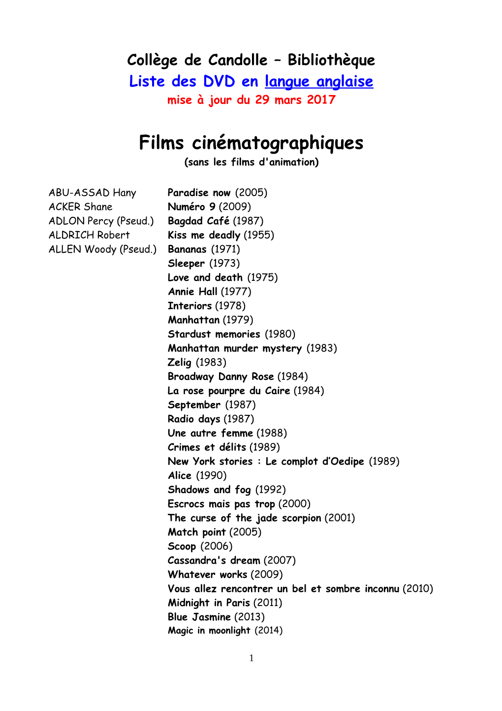 Films Cinématographiques (Sans Les Films D'animation)