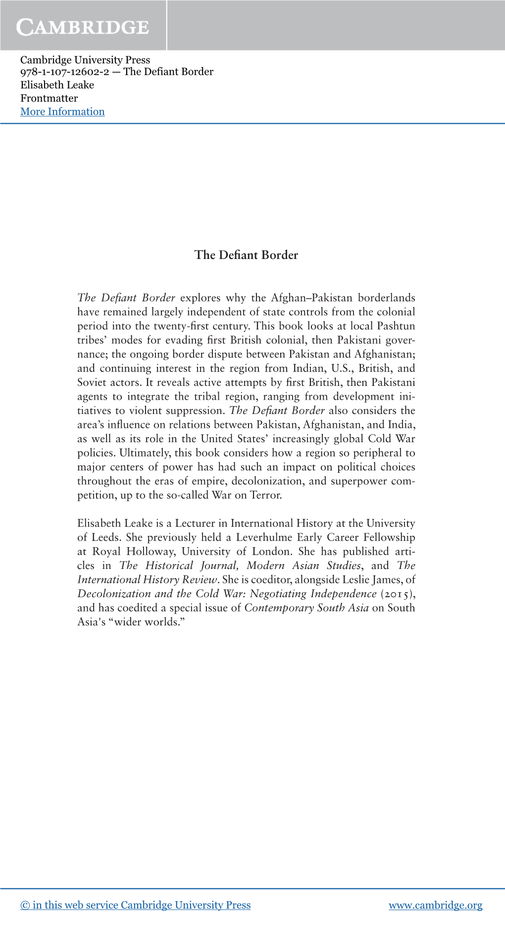 The Defiant Border Elisabeth Leake Frontmatter More Information