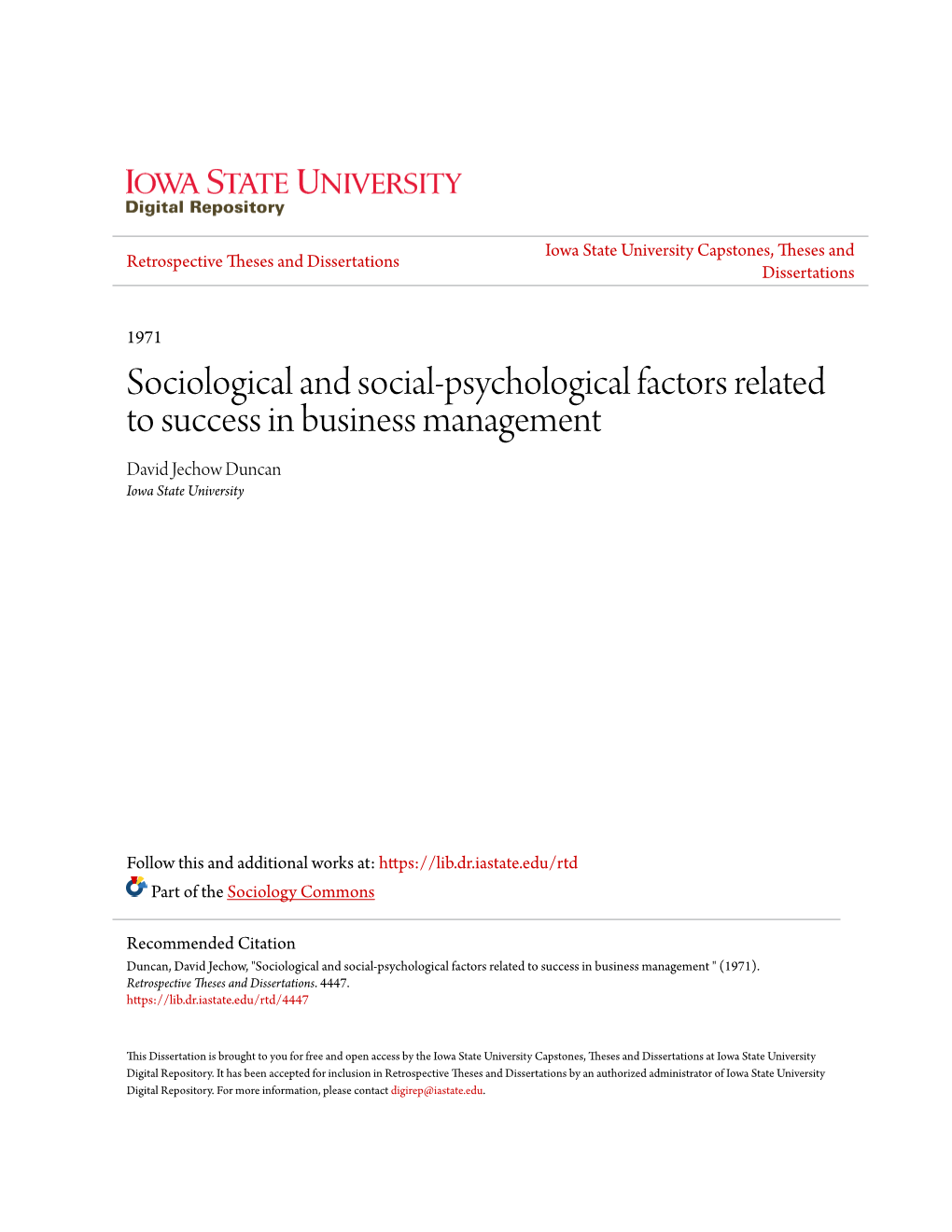 Sociological and Social-Psychological Factors Related to Success in Business Management David Jechow Duncan Iowa State University