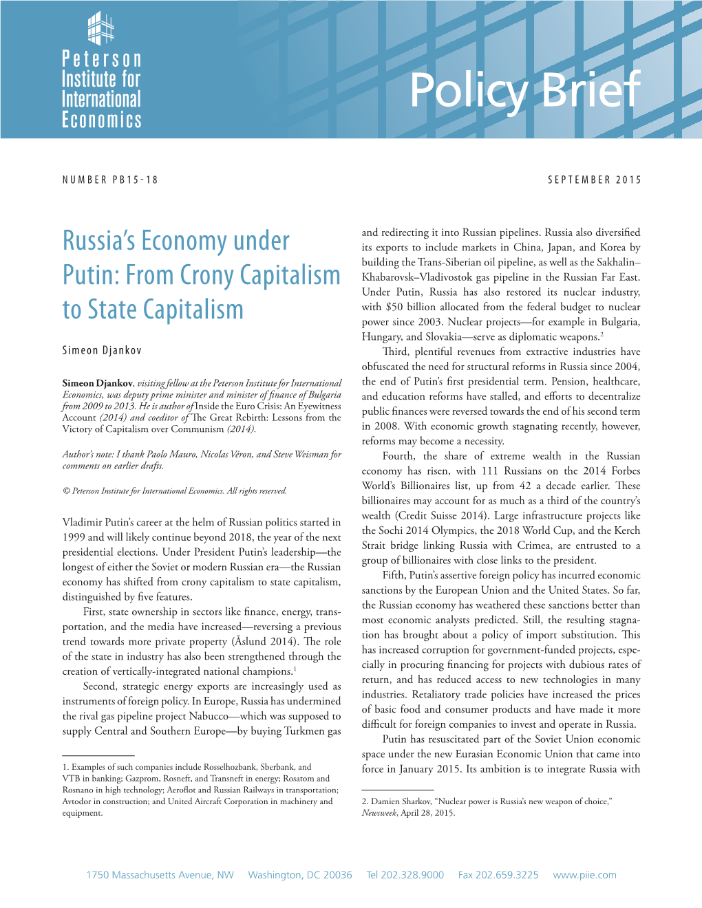 Russia's Economy Under Putin: from Crony Capitalism to State Capitalism