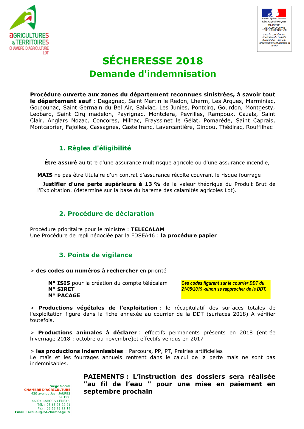 SÉCHERESSE 2018 Demande D'indemnisation