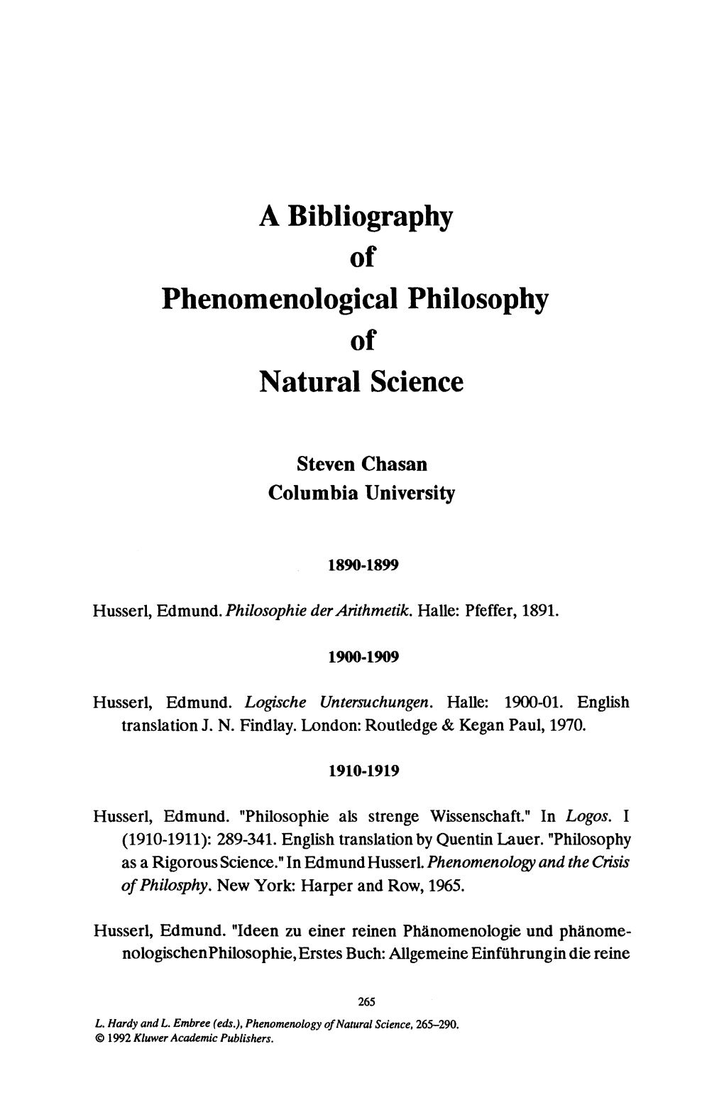 A Bibliography Phenomenological Philosophy Natural Science