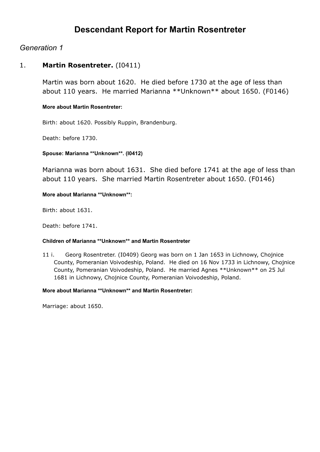 Descendant Report for Martin Rosentreter