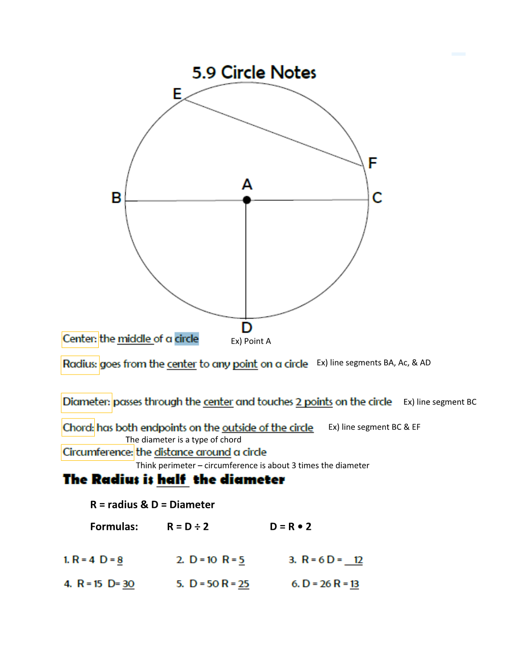 R = Radius & D = Diameter Formulas