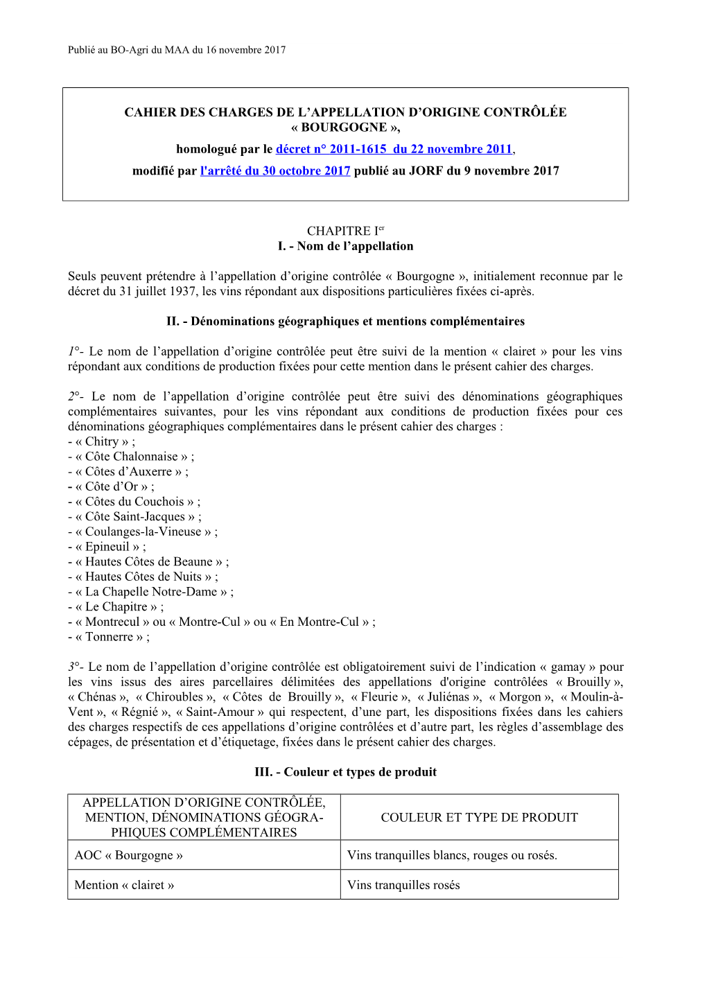 Cahier Des Charges De L'appellation D'origine Contrôlée Bourgogne