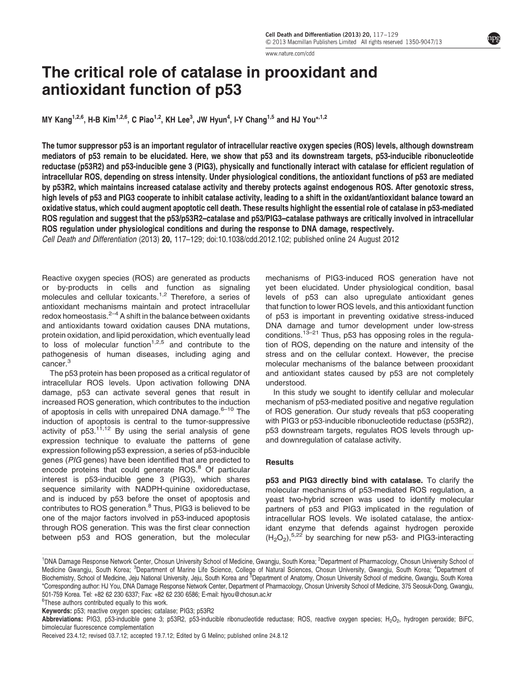 The Critical Role of Catalase in Prooxidant and Antioxidant Function of P53