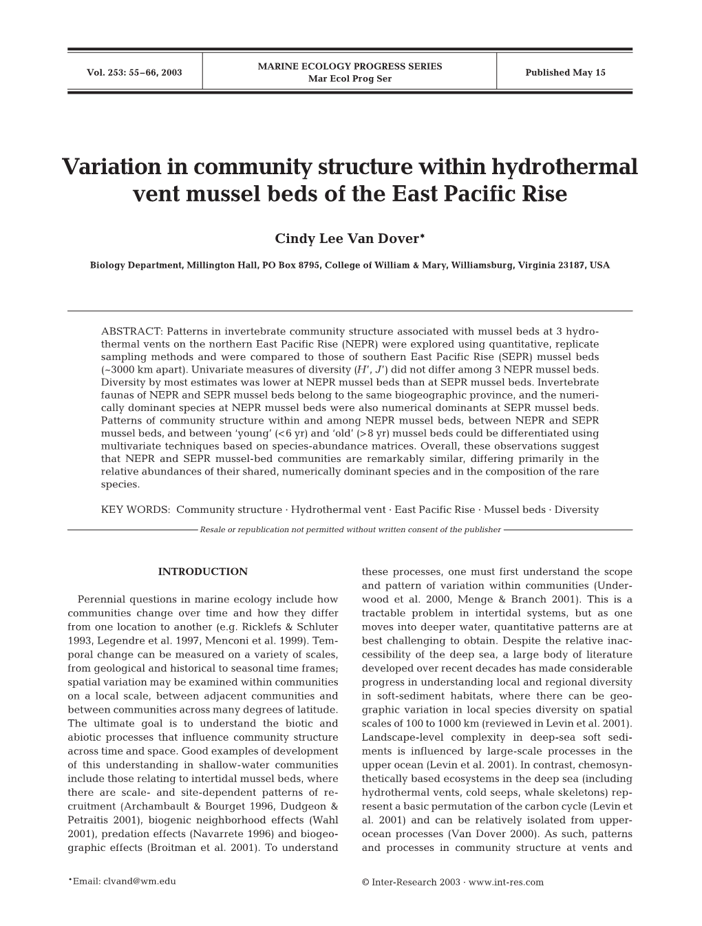 Variation in Community Structure Within Hydrothermal Vent Mussel Beds of the East Pacific Rise