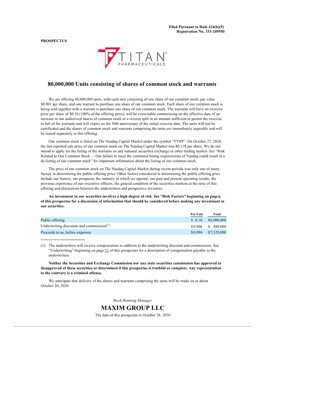 MAXIM GROUP LLC the Date of This Prospectus Is October 28, 2020