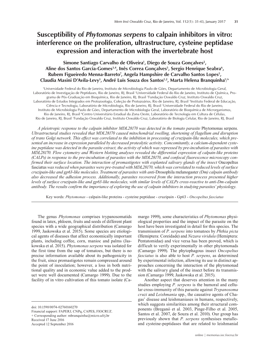 Susceptibility of Phytomonas Serpens to Calpain Inhibitors in Vitro