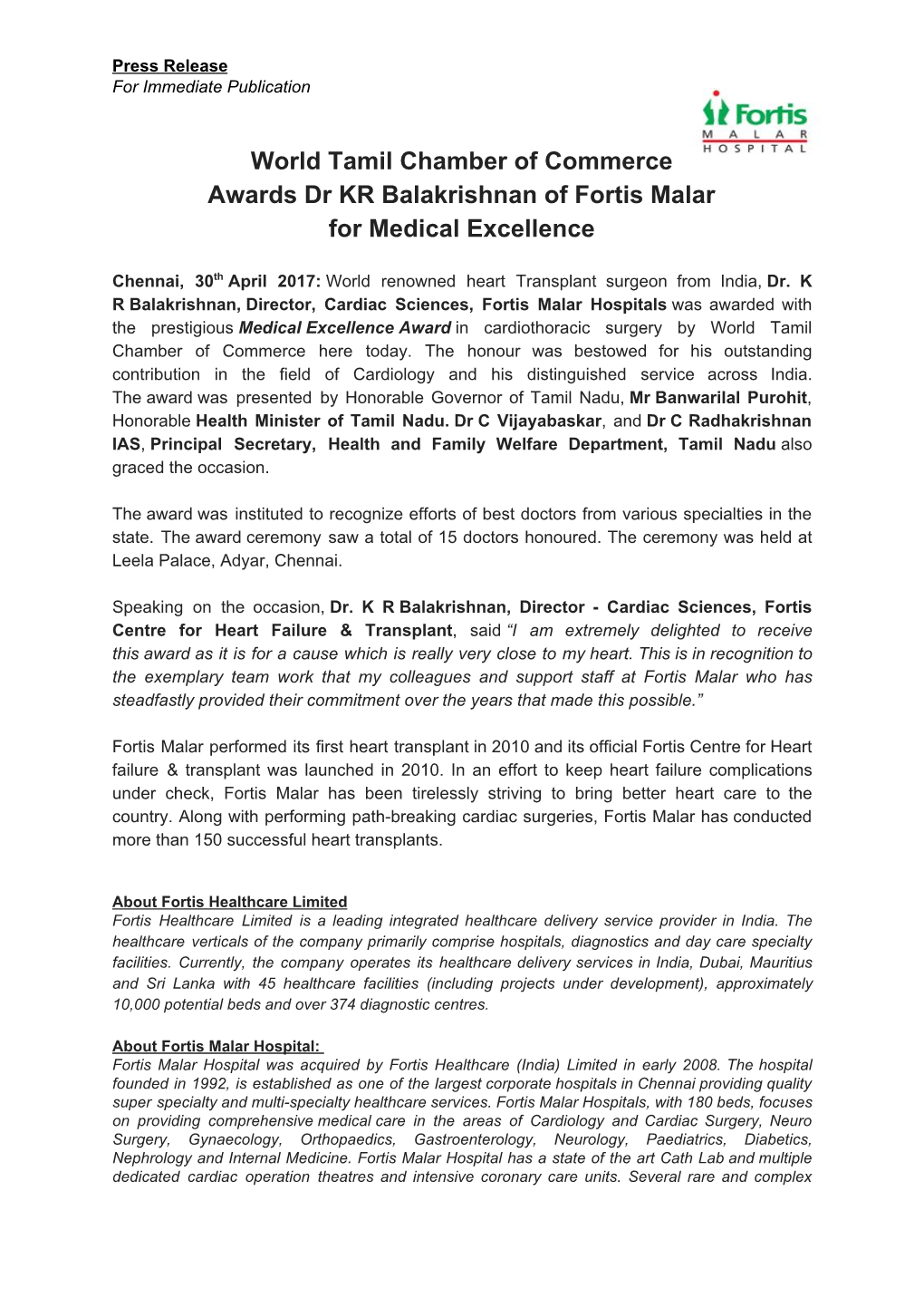 World Tamil Chamber of Commerce Awards Dr KR Balakrishnan of Fortis Malar for Medical Excellence