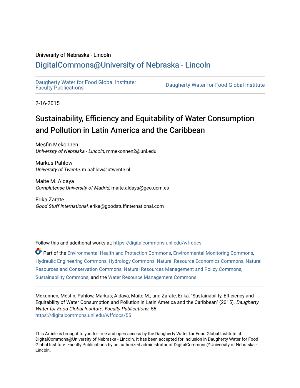 Sustainability, Efficiency and Equitability of Water Consumption and Pollution in Latin America and the Caribbean