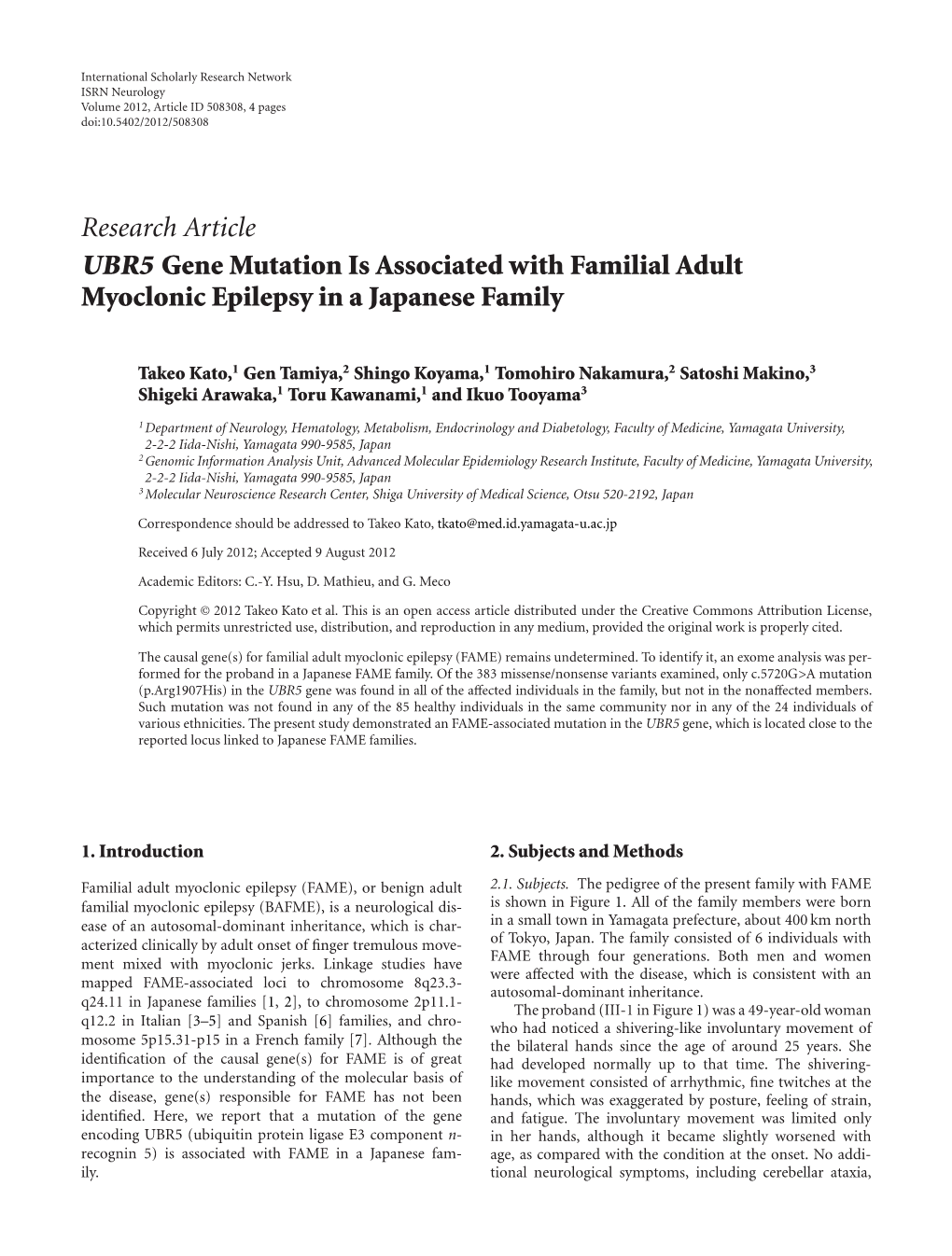 UBR5 Gene Mutation Is Associated with Familial Adult Myoclonic Epilepsy in a Japanese Family