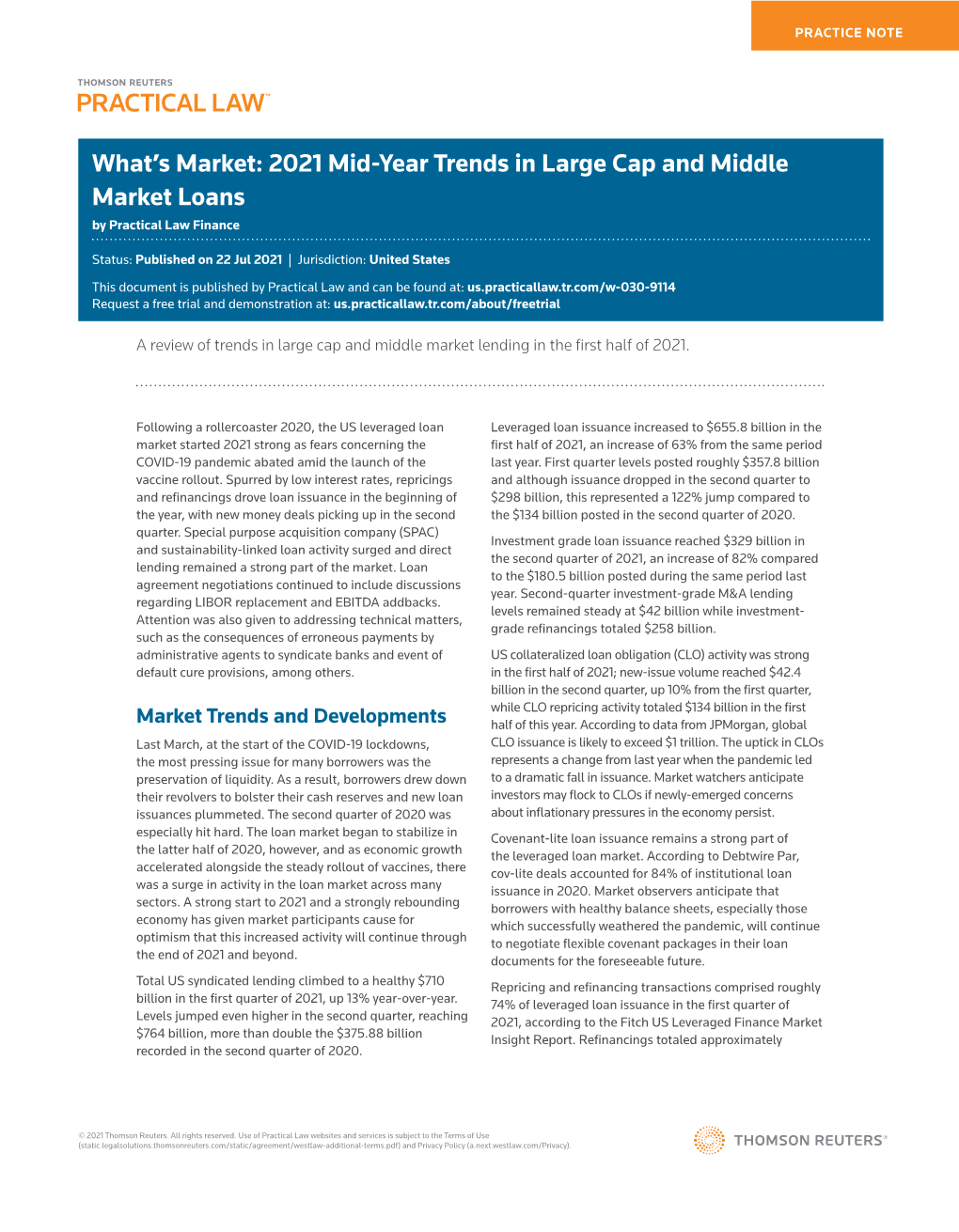 2021 Mid-Year Trends in Large Cap and Middle Market Loans by Practical Law Finance