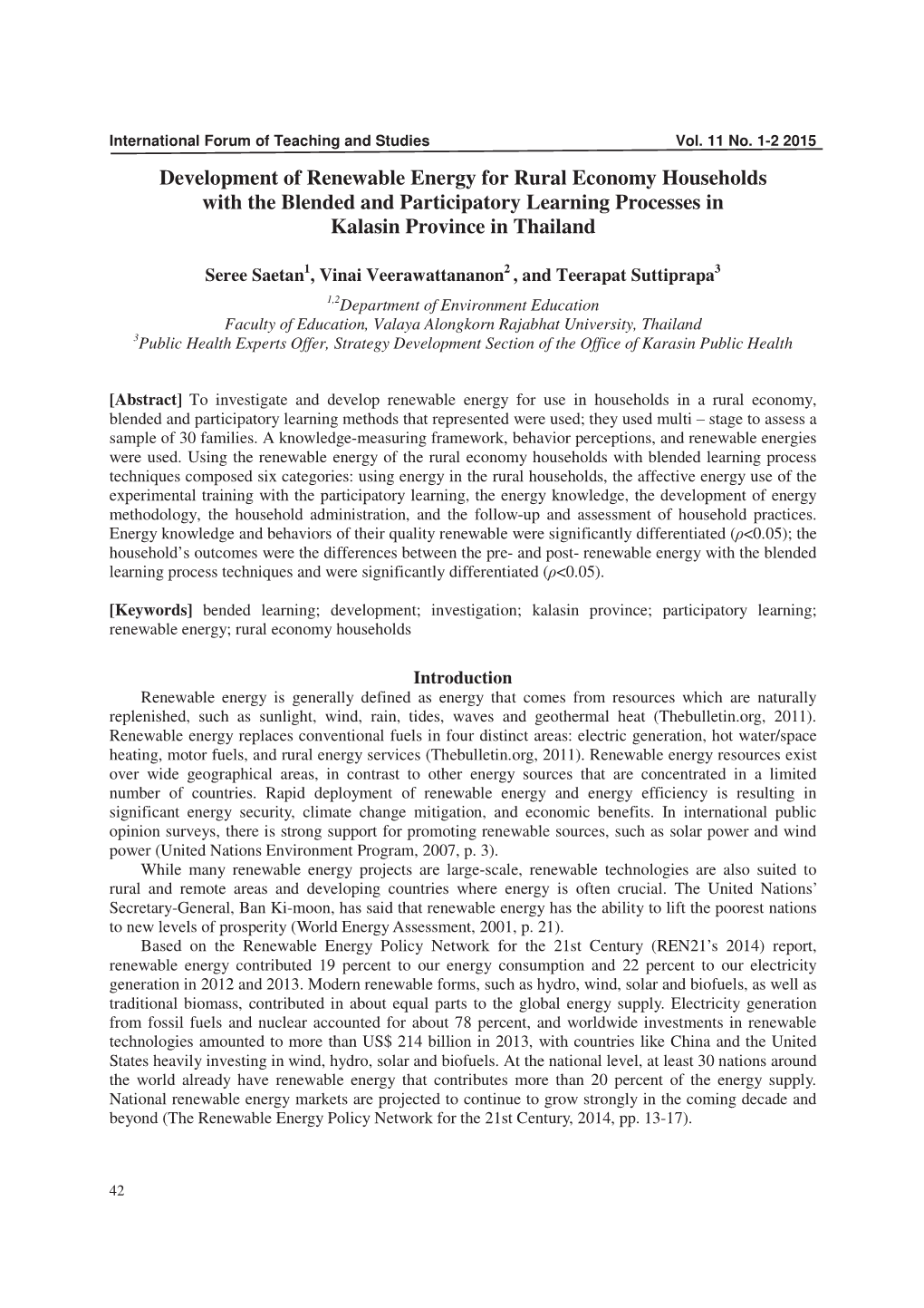 Development of Renewable Energy for Rural Economy Households with the Blended and Participatory Learning Processes in Kalasin Province in Thailand