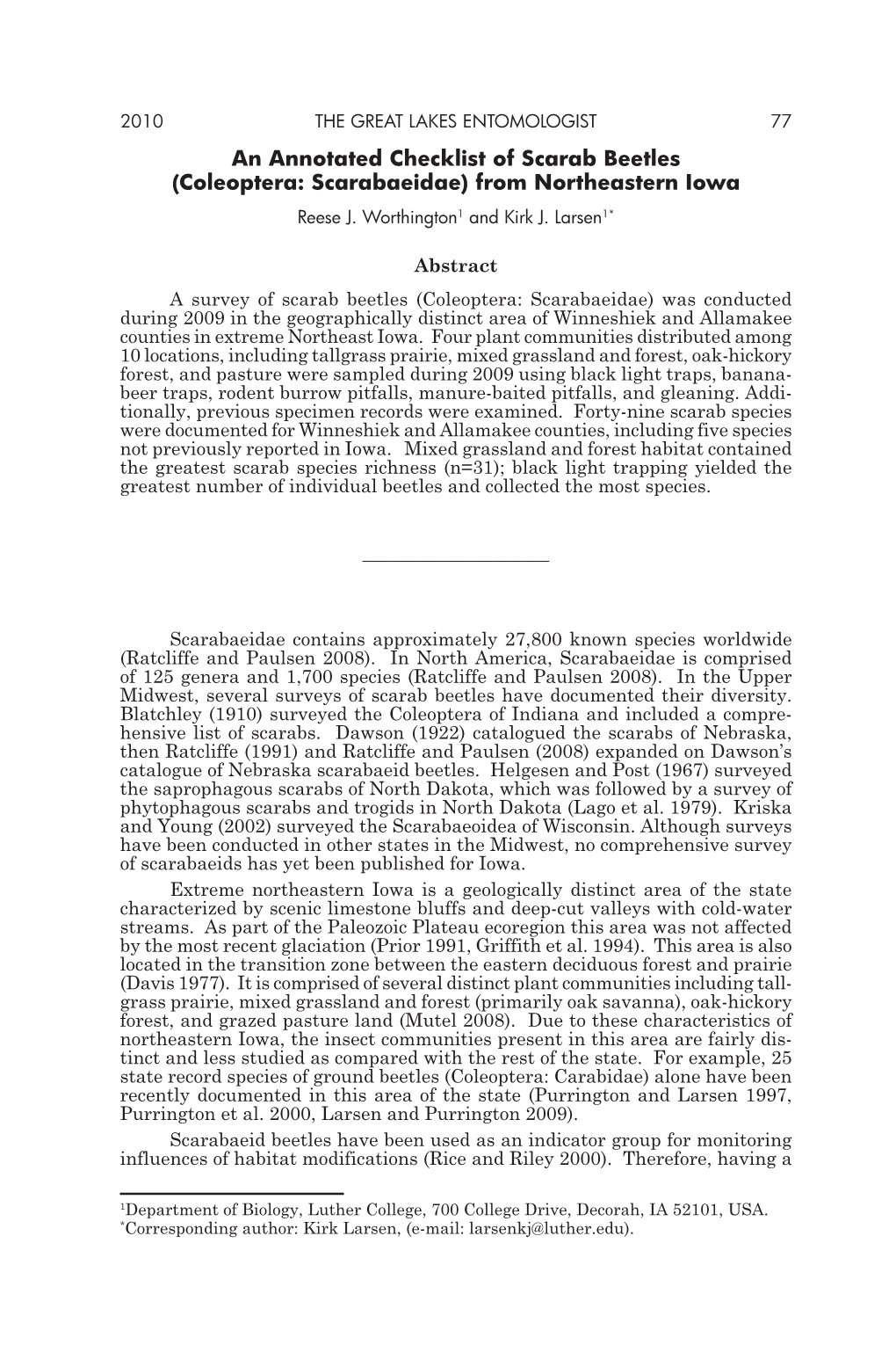 An Annotated Checklist of Scarab Beetles (Coleoptera: Scarabaeidae) from Northeastern Iowa Reese J