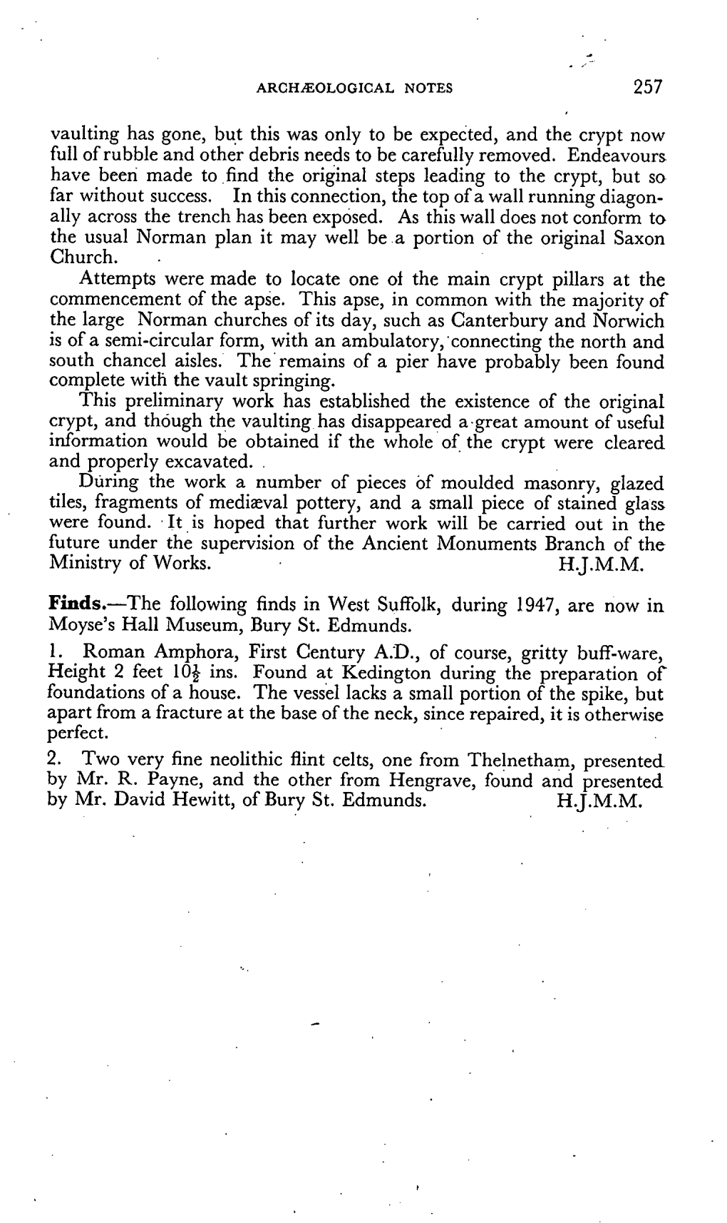 Finds.—The Followingfinds in West Suffolk, During 1947,Are Now in Moyse'shall Museum, Bury St