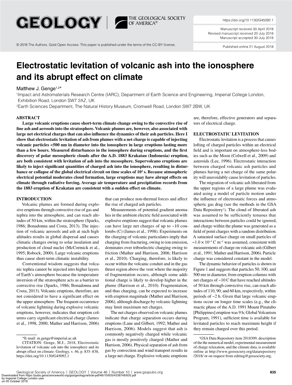 Electrostatic Levitation of Volcanic Ash Into the Ionosphere and Its Abrupt Effect on Climate Matthew J