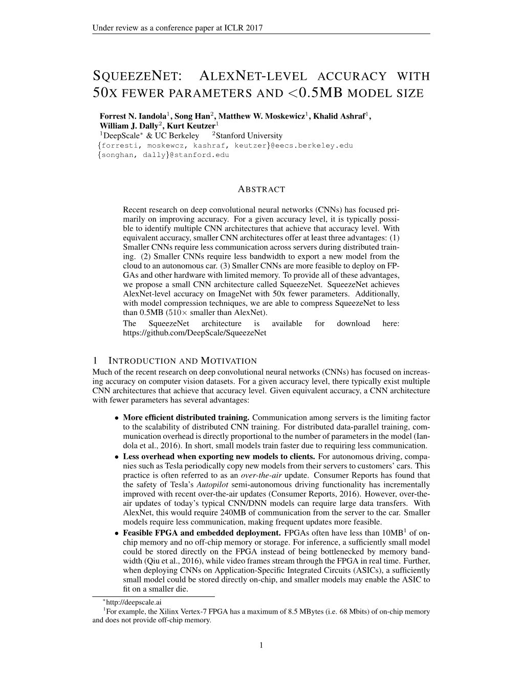 Squeezenet: Alexnet-Level Accuracy with 50X Fewer Parameters