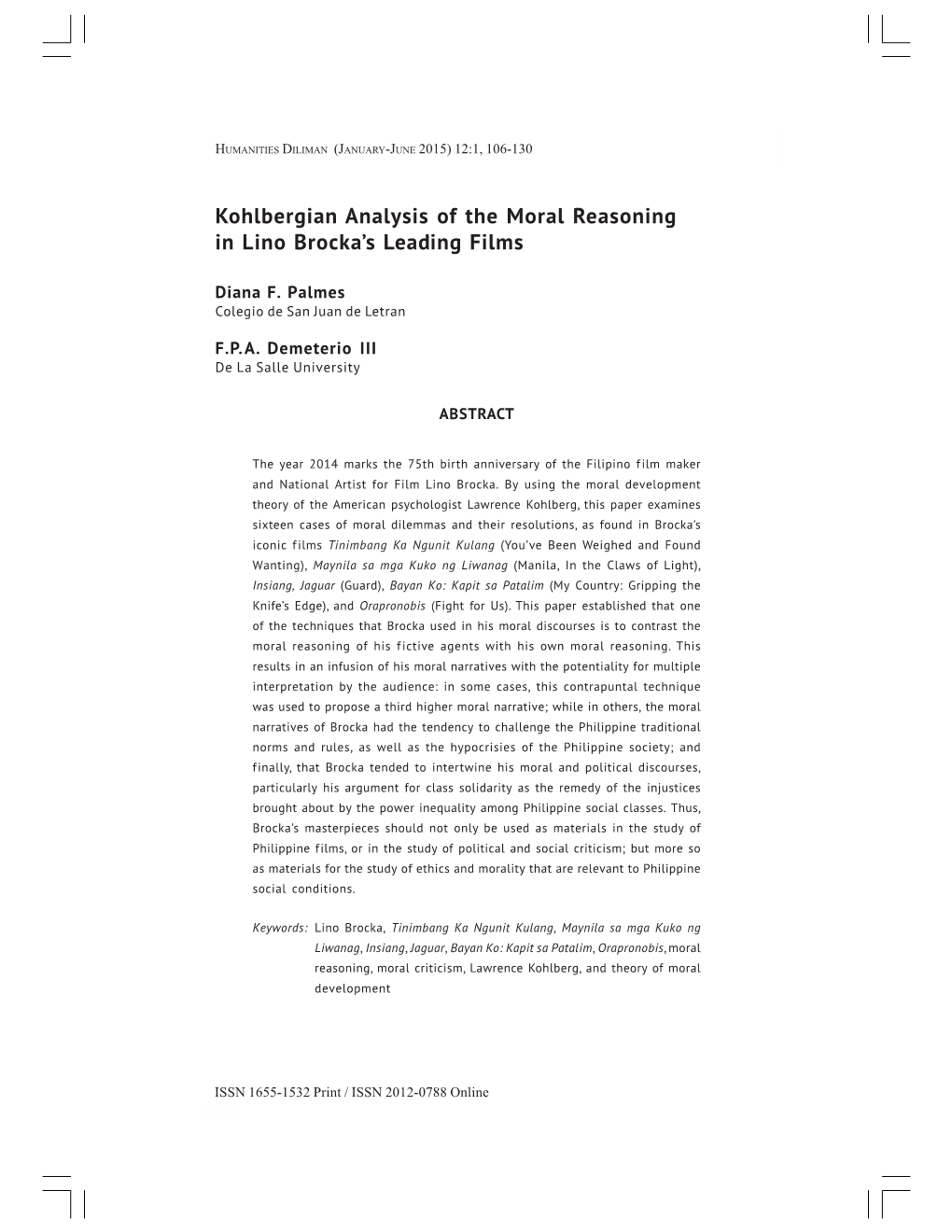 Kohlbergian Analysis of the Moral Reasoning in Lino Brocka's