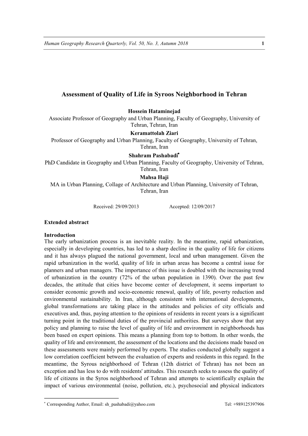 Assessment of Quality of Life in Syroos Neighborhood in Tehran