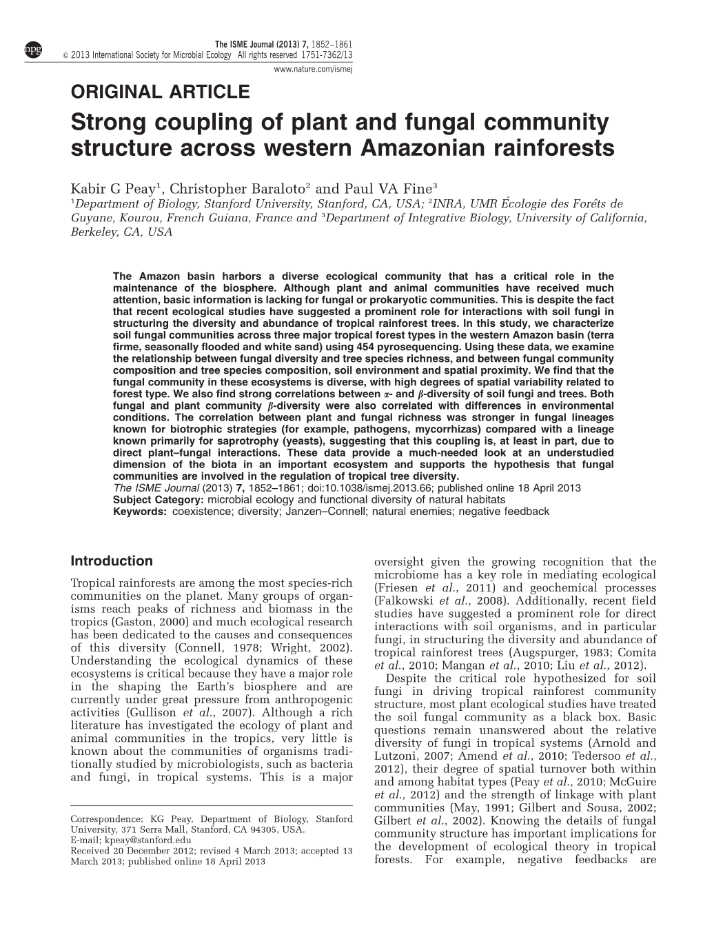 Strong Coupling of Plant and Fungal Community Structure Across Western Amazonian Rainforests