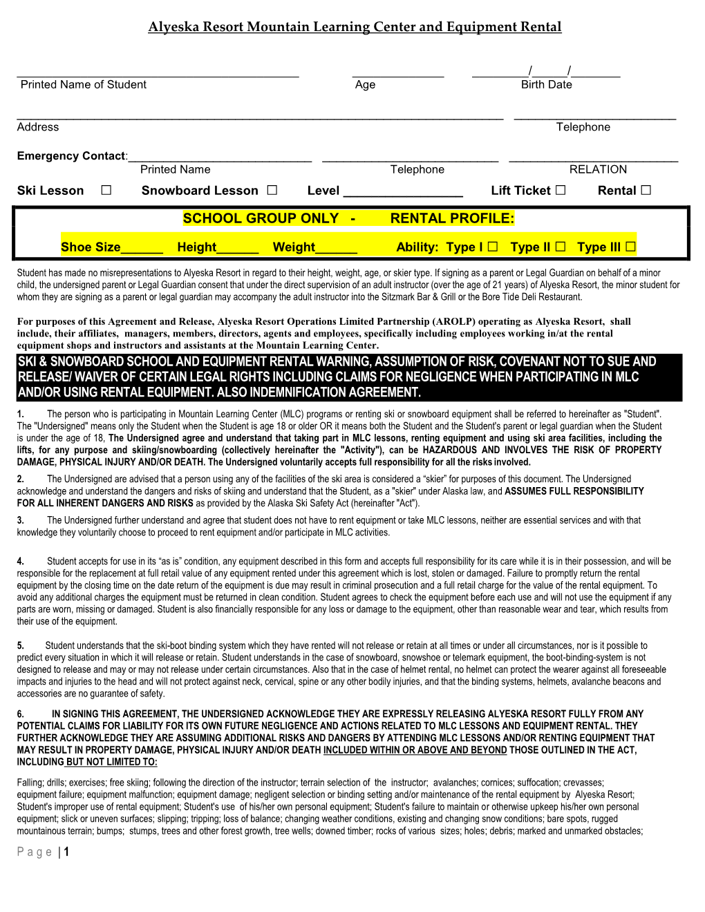 Mountain Learning Center & Rental Liability Release Form