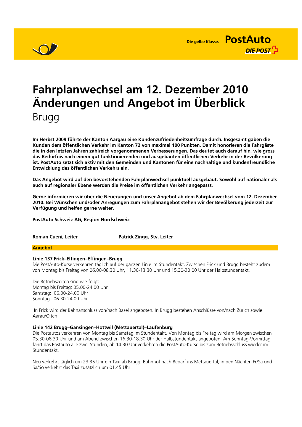 Fahrplanwechsel Am 12. Dezember 2010 Änderungen Und Angebot Im Überblick Brugg