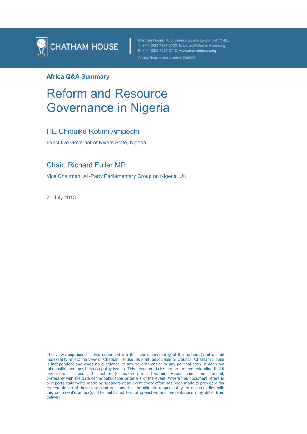Reform and Resource Governance in Nigeria