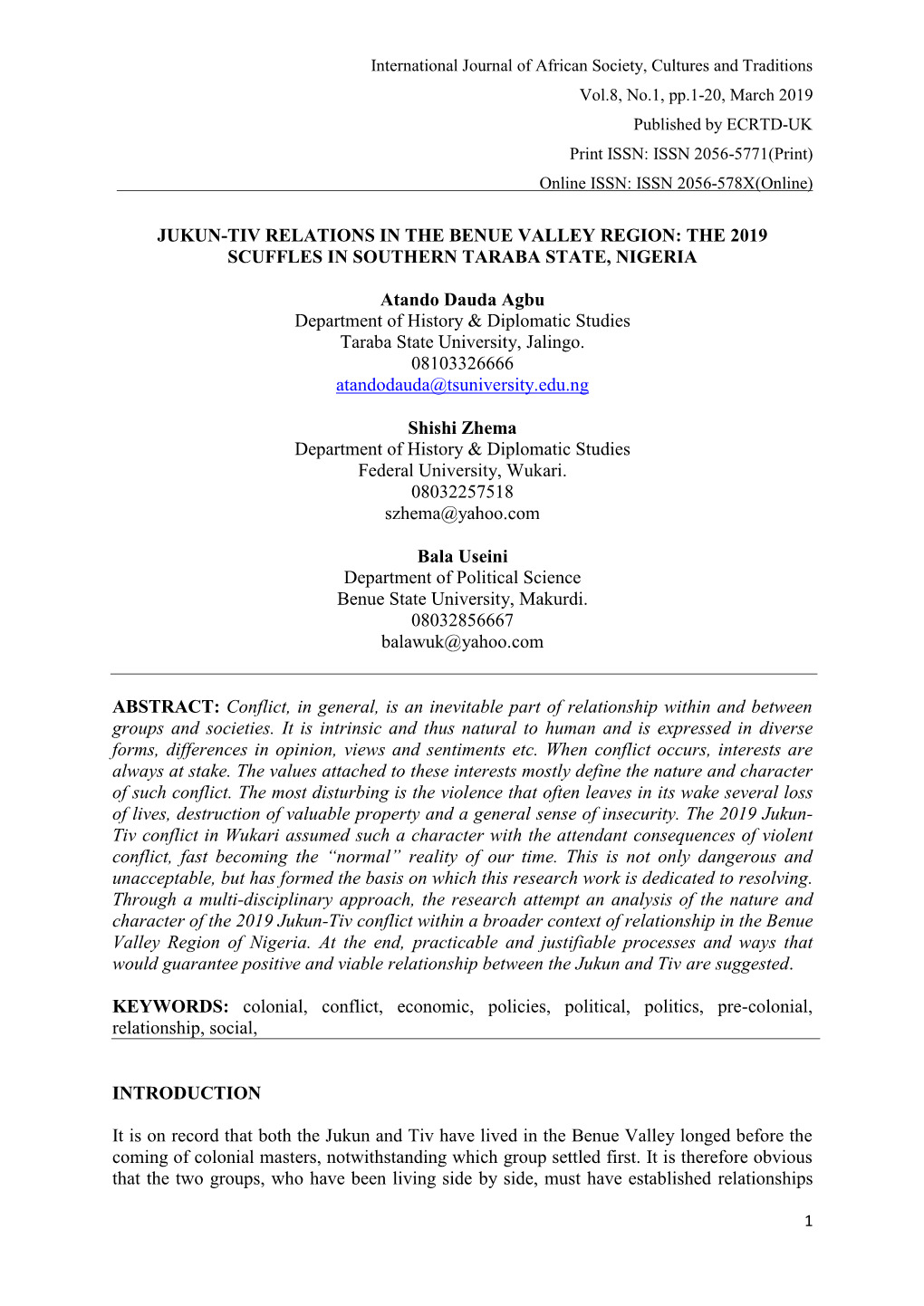 Jukun-Tiv Relations in the Benue Valley Region: the 2019 Scuffles in Southern Taraba State, Nigeria