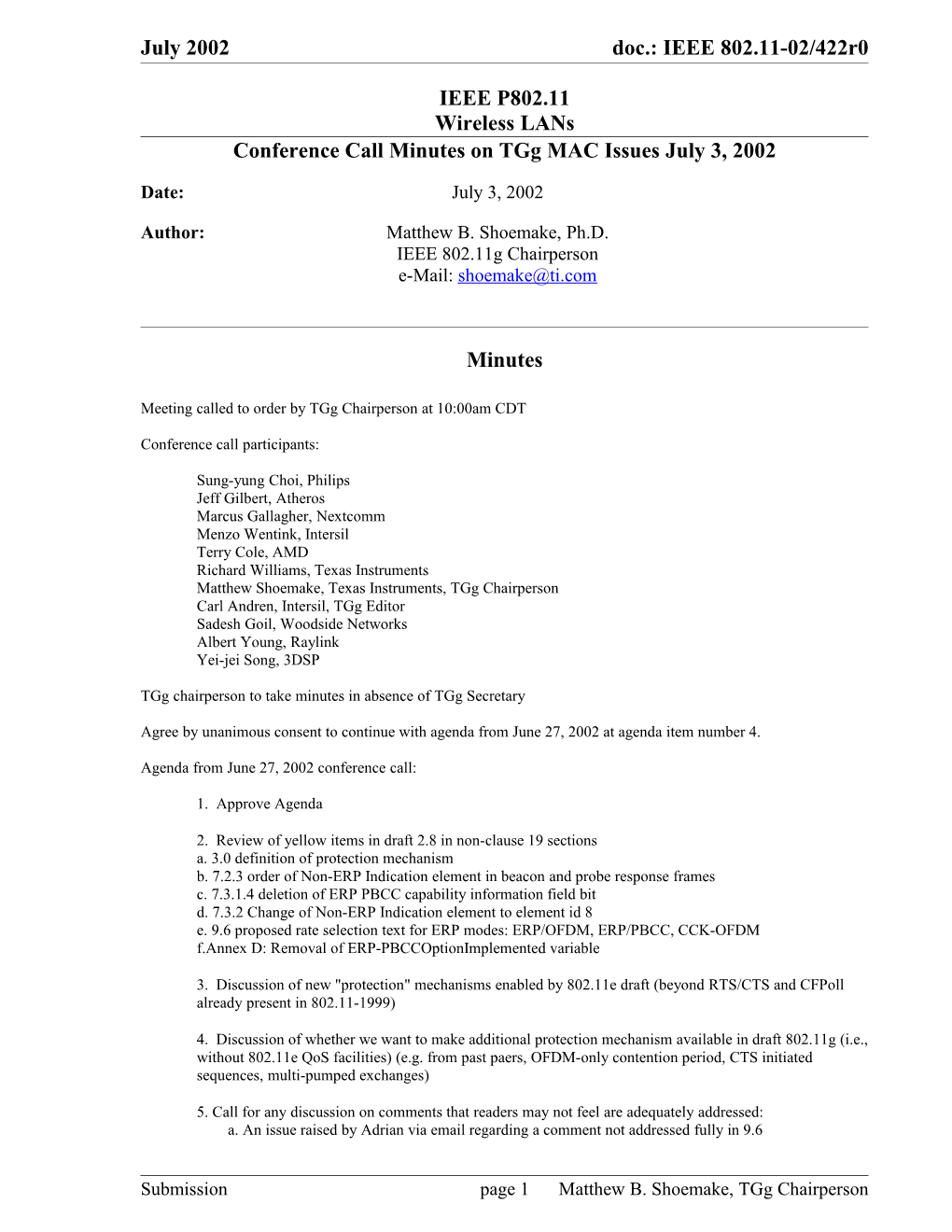 Conference Call Minutes on Tgg MAC Issues July 3, 2002