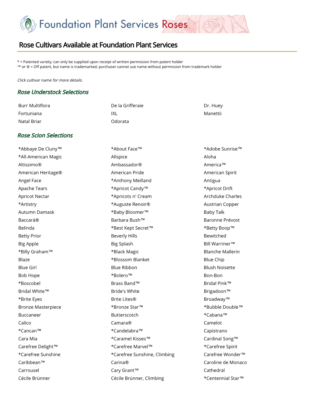 Rose Cultivars Available at Foundation Plant Services