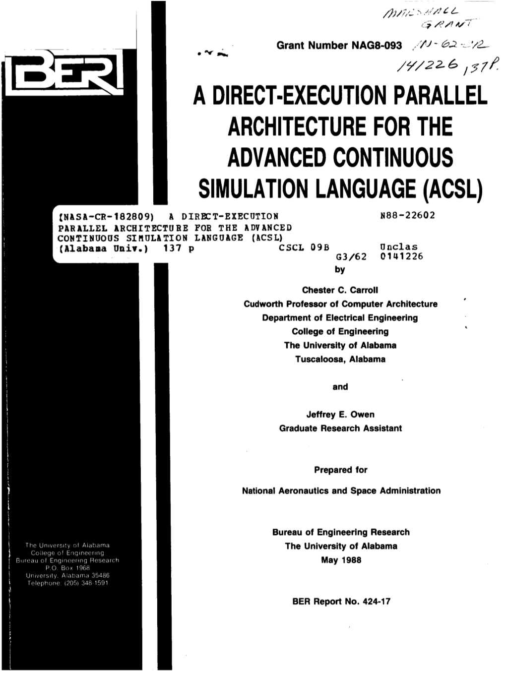 ACSL) 9) a DIRECT-EXECUTION Naa - 2 260 2 TECTUEE for the ADVANCED ULATION LANGUAGE (ACSL) CSCL 09B Unclas G3/62 0141226 By