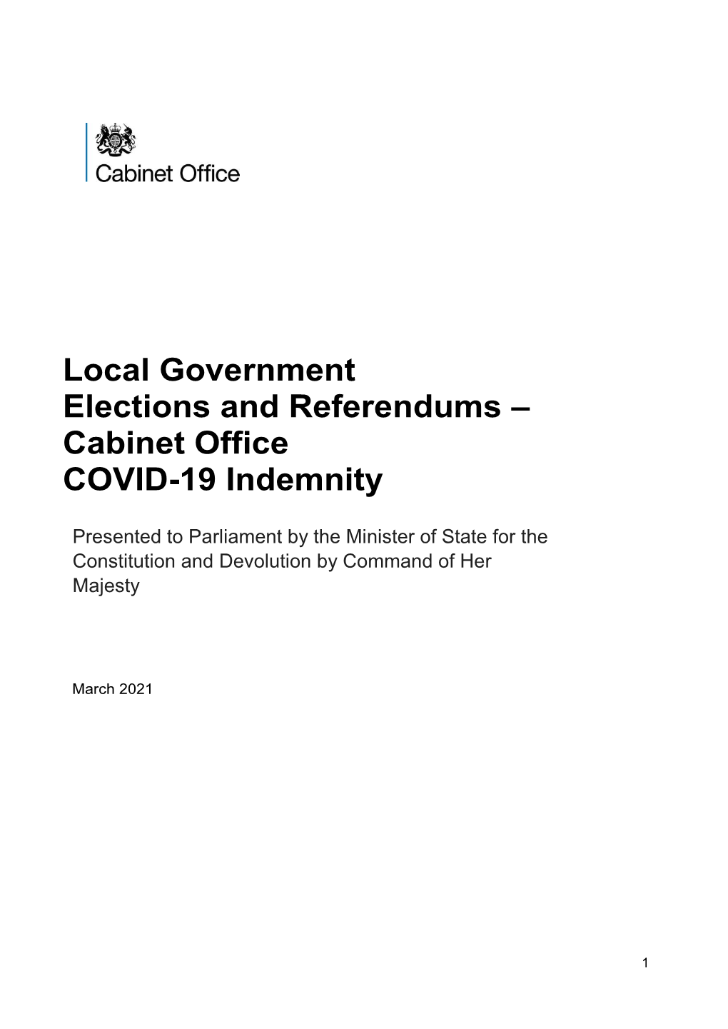 Local Government Elections and Referendums – Cabinet Office COVID-19 Indemnity