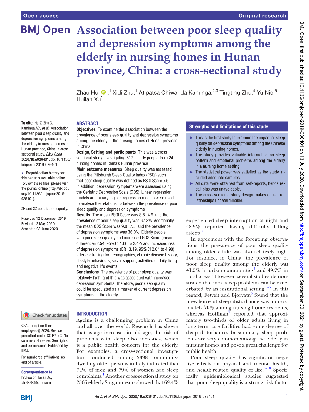 Association Between Poor Sleep Quality and Depression Symptoms Among the Elderly in Nursing Homes in Hunan Province, China: a Cross-­Sectional Study